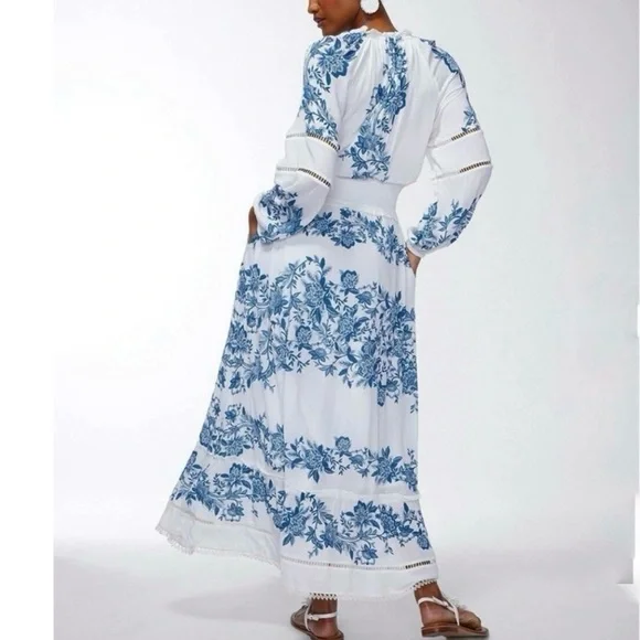 Chico’s Blue White Bohemian Balloon Sleeve Maxi Dress Pockets size 10 - Picture 2 of 10